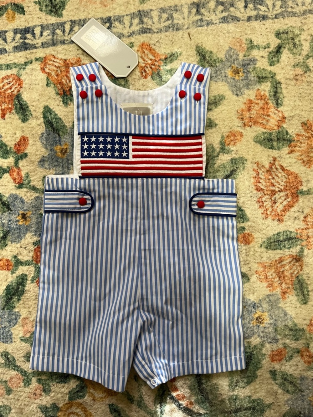 Blue & White Striped Kids Shortall with Flag Patch